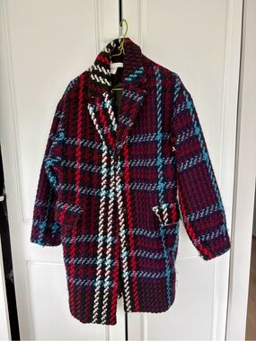 Black, Red & Teal Bouclé Plaid Coat